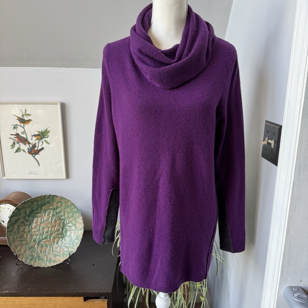 White + Warren Purple Cashmere Sweater Cowl Neck Size Large‎ Long Tunic Luxe